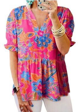 Boho floral print puff sleeve v neck top